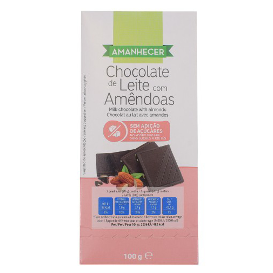 Chocolate de Leite com Amêndoas Sem Adição de Açúcares 100g Amanhecer